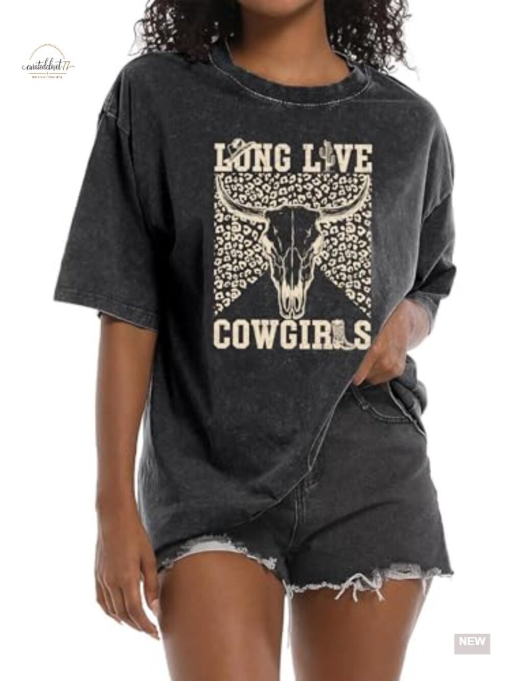 Oversized Western Graphic Tee Women Cow Skull Acid Wash Country Shirt